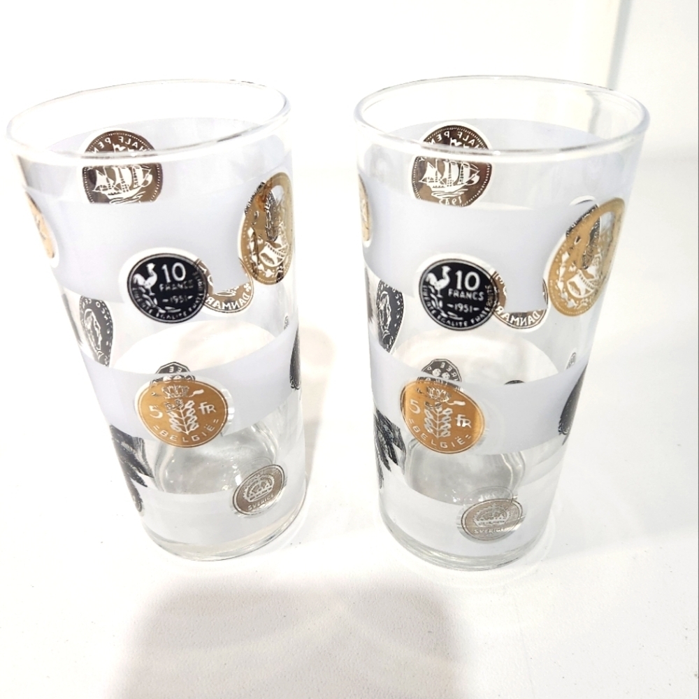 MID CENTURY MODERN Coin Design Glass Tumblers, Set Of 2